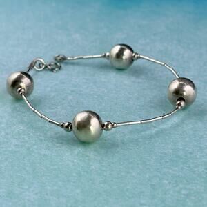 Vintage Sterling Silver Bead Bracelet 7.5 Inch, 925 Silver Link Bracelet